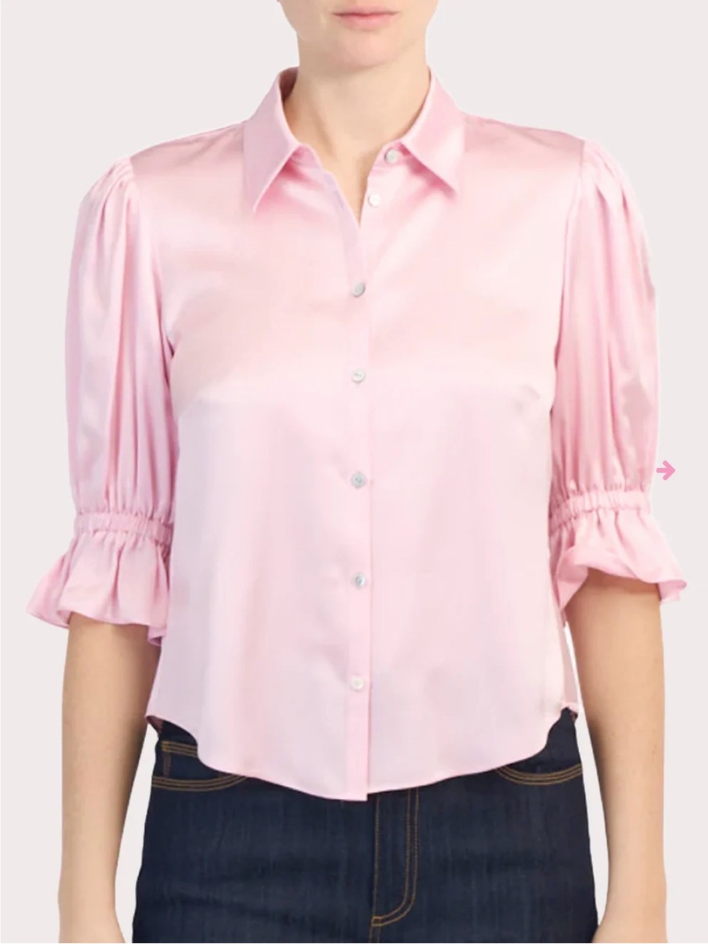 cinq a sept Light Pink Satin Puff-Sleeve Button-Down Shirt size M